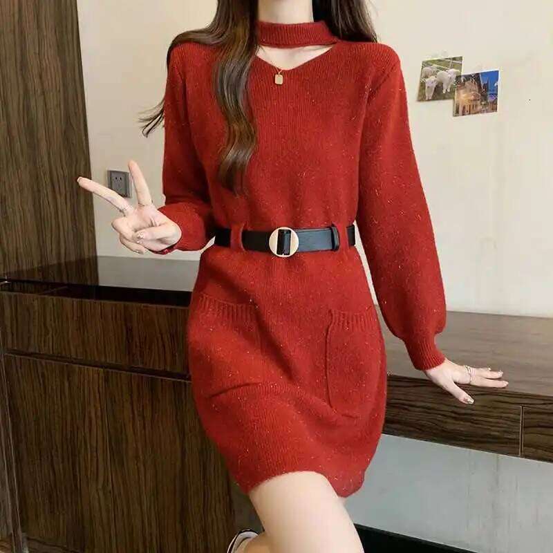 Red Bright Silk Sweater Mid-length Knitted Autumn Winter Waist-hugging and Slimming Inner Bottom Skirt Z260314
