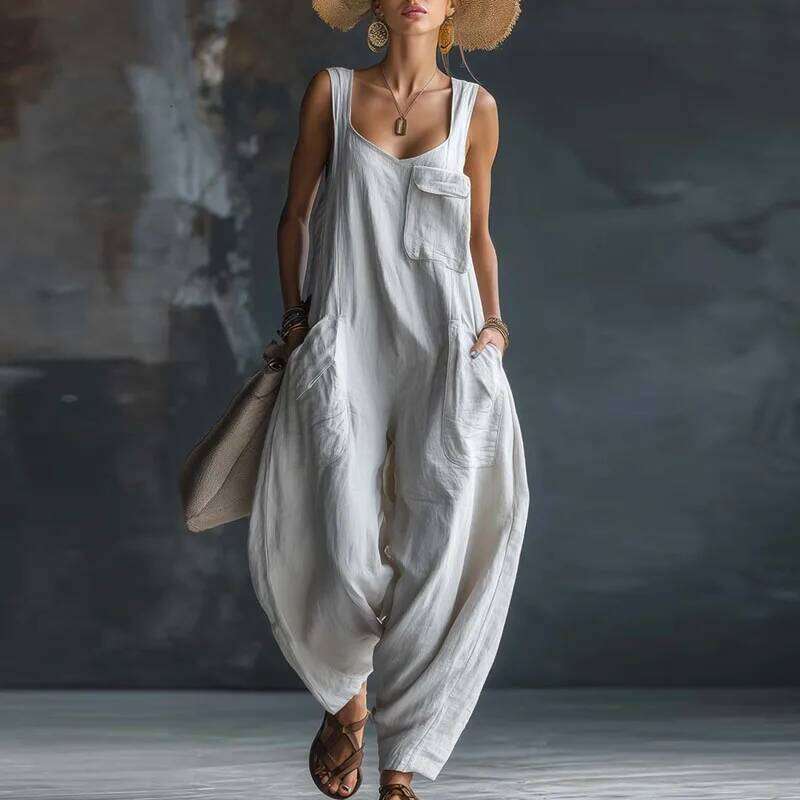 Spring Retro Solid Baggy Trousers Woman Jumpsuit Elegant Square Collar Strap Romper Summer Sleeveless Pocket Streetwear Overalls