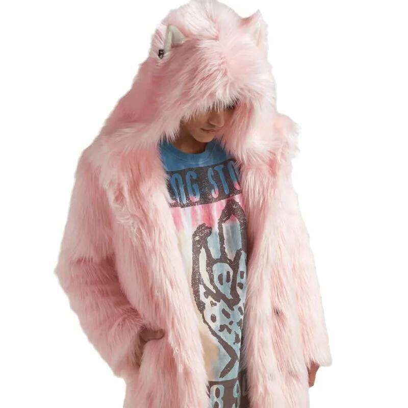 Men Faux Outerwear Solid Hooded Fur Jackets Long Sleeve Coat Loose Winter Pockets Casual 2025 Spliced Slight Strech Z260313