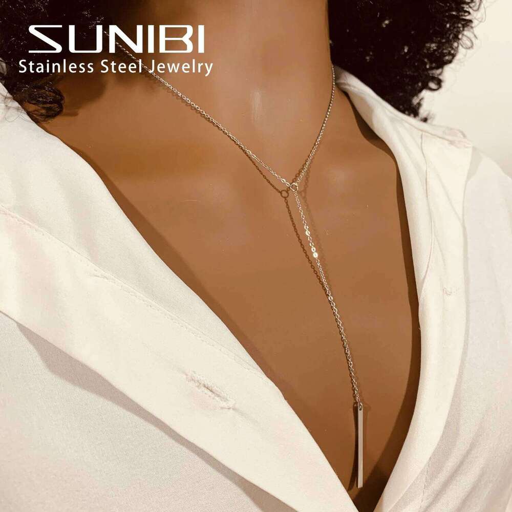 SUNIBI Vertical Bar Pendant Necklaces Stainless Steel Simple Long Lariat Chain Minimalist Dangle Necklace for Women Jewelry Gift H260312