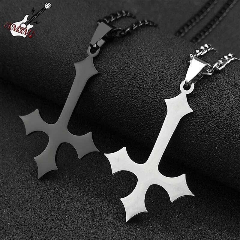 Goth Upside Down Stainless Steel Pendant Necklace for Men Black Color Inverted Cross Kering Handbag Accessorie Jewelry H260312
