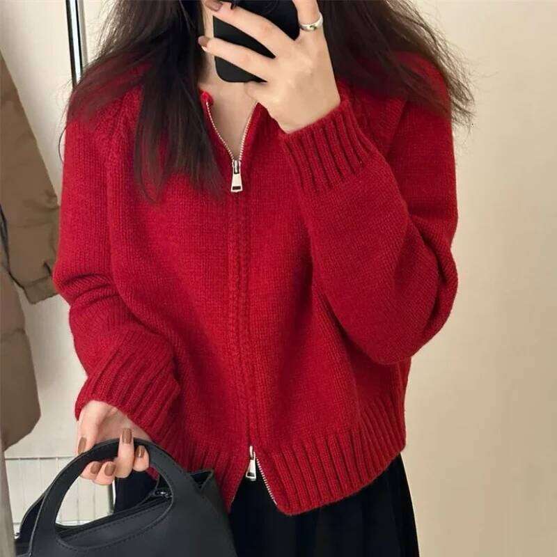 Zipper Cardigan Women Sweater O-neck Cropped Knitwear Cozy Autumn 7-Colors American Temper Minimalist Casual Z260313