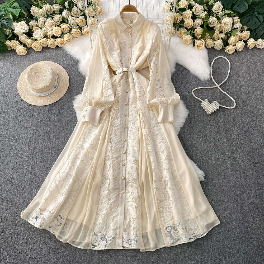 Designer French retro lace embroidered dress with lapel and lantern sleeves for women's spring and autumn single breasted design