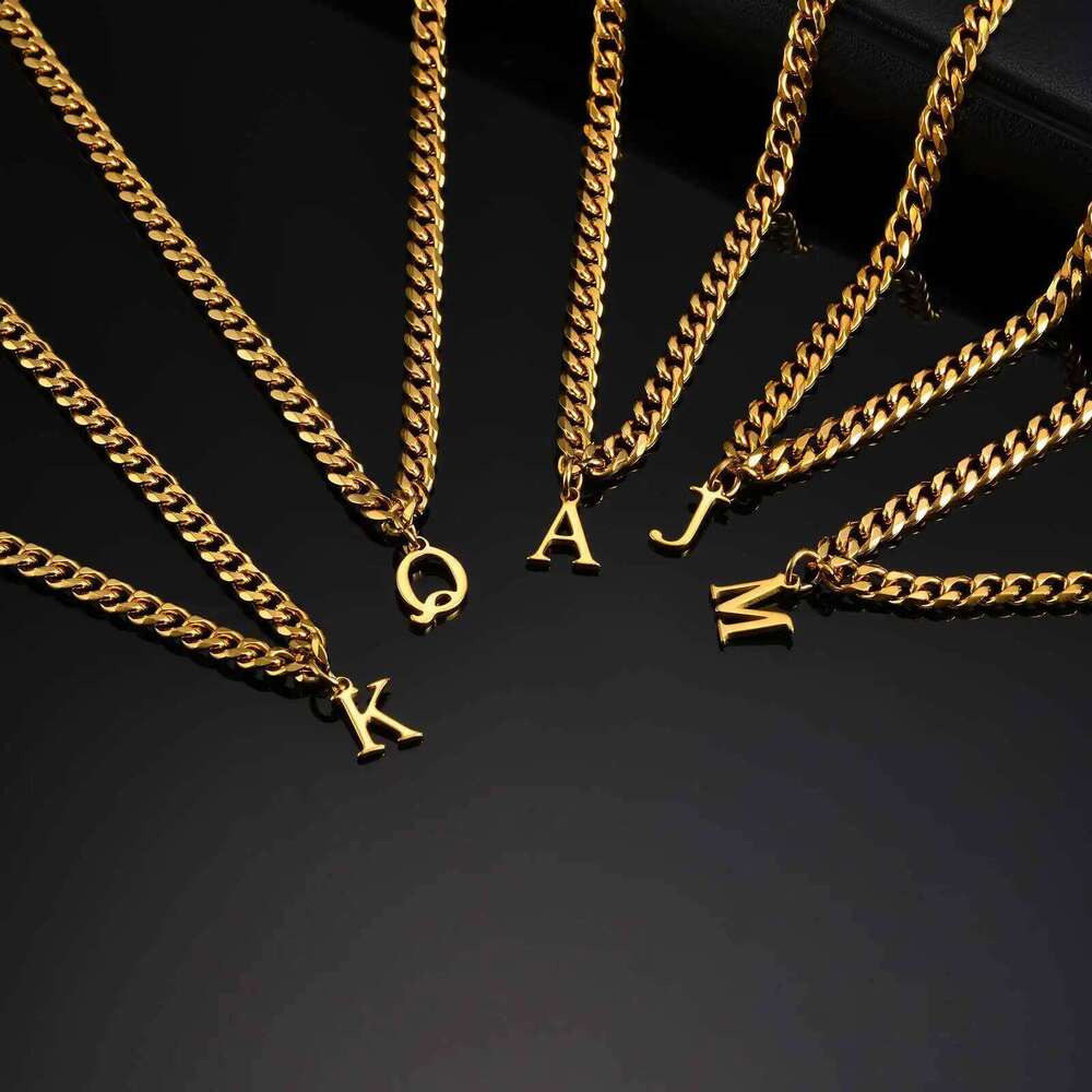 Initials Cuban Necklaces for Men Boys,Waterproof A-Z 26 Alphabet Charm Pendant with 50cm/19.7" Stainless Steel Chain Gifts H260312