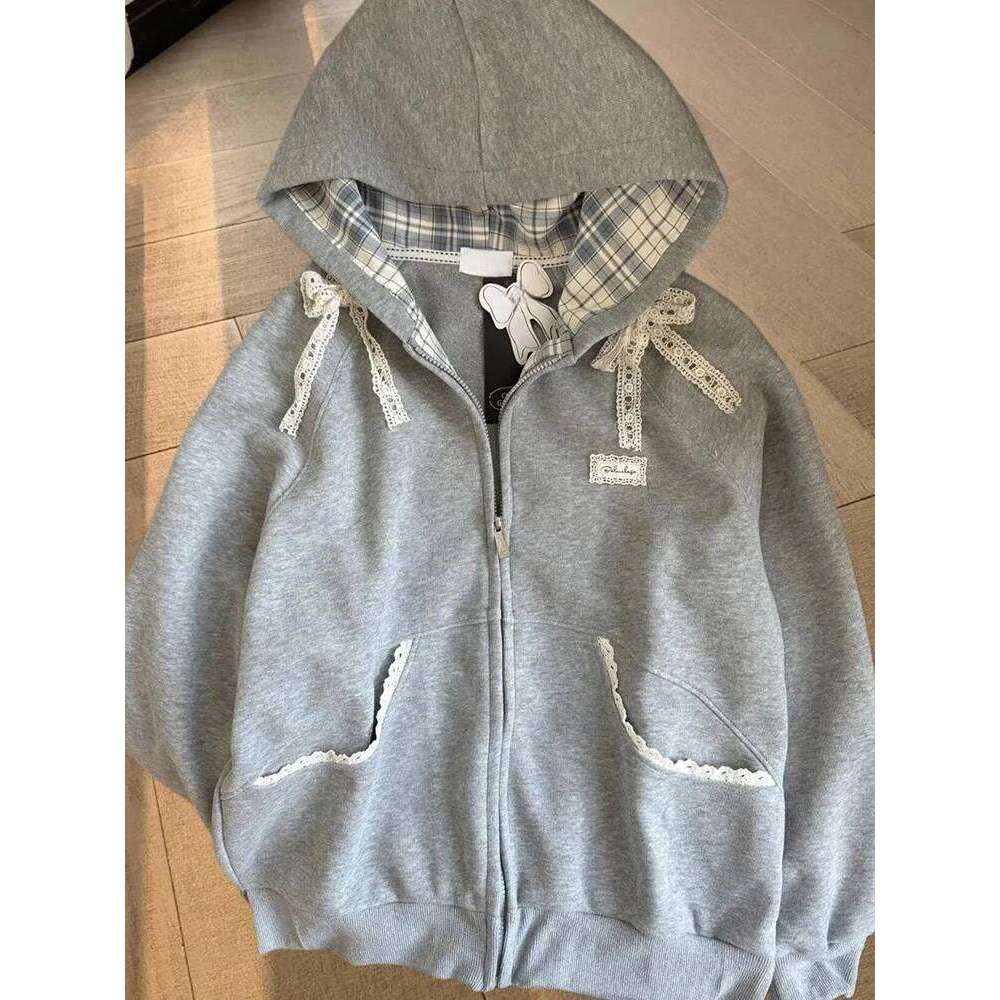 Zoki Lace Patchwork Hoodies Women Cute Bow Sweatshirt Japan Preppy Style Sweet Loose Long Sleeve Female Gray Outwear Z260314