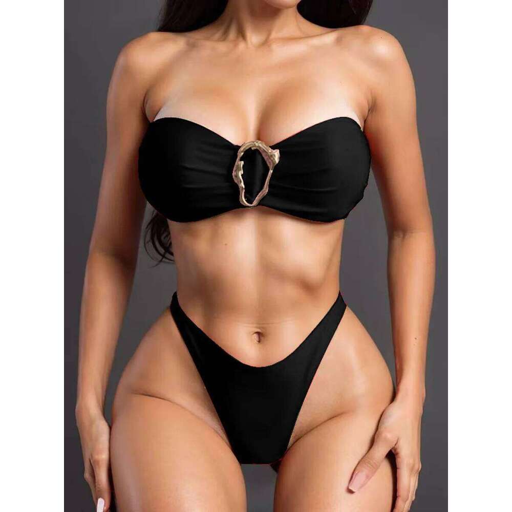 XS - L Metal Ring Bandeau Women Swimwear Female Swimsuit Two-pieces Bikini set Brazilian High Cut Bathing Suit Swim Lady Y260303