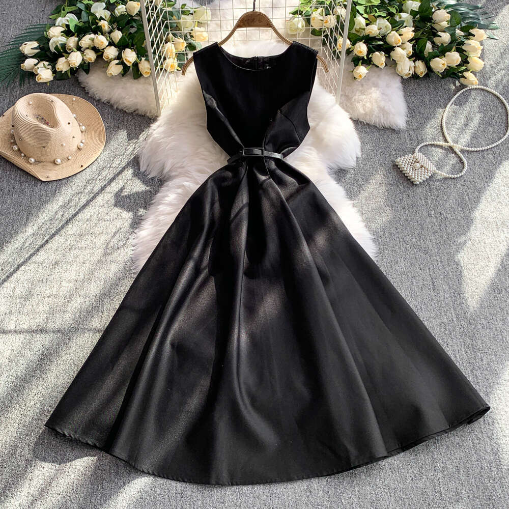 2026 high-end luxury lady style sleeveless round neck waist cinching slim fit A13 mid length A-line shiny dress