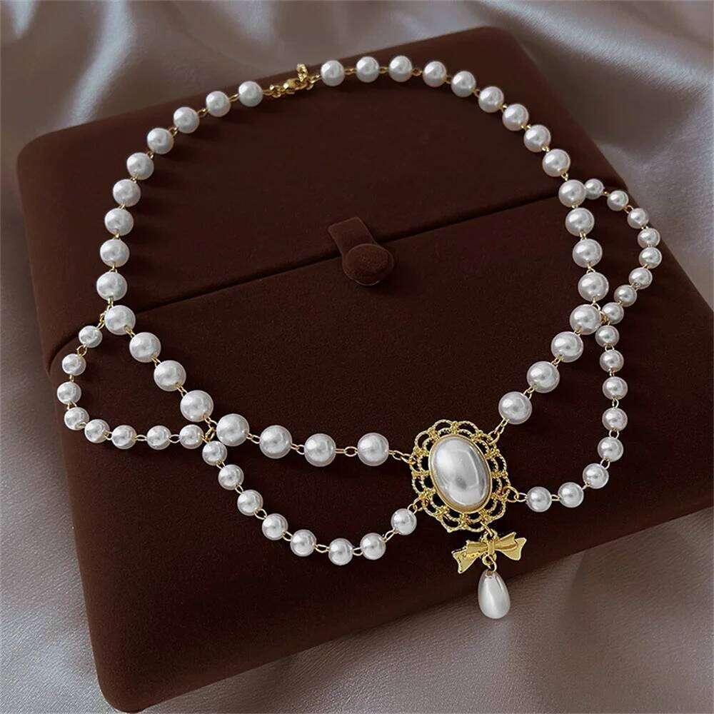 Multi-Layer White Heart Vintage Pearl Choker for Women Elegant Bowknot Pendant Wedding Necklace Jewelry H260312