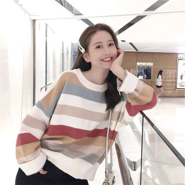 Multicolor Striped Pullovers Women Long Sleeve Crew Neck Rainbow Knitted Sweater Cozy Jumper Fall Winter Ladies Casual Outfit Z260314