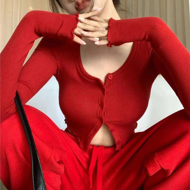 Korean Style Cardigan Women Buttons O-neck Long Sleeve Knittedwear Retro Bodycon Solid Causal Sexy Short Tops Hot Girls Fashion Z260314