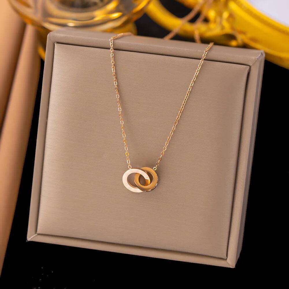 316L Stainless Steel Clavicle Chain CZ Crystal Double Circle Roman Numeral Pendant Necklace For Women Wedding Jewelry Gifts H260312
