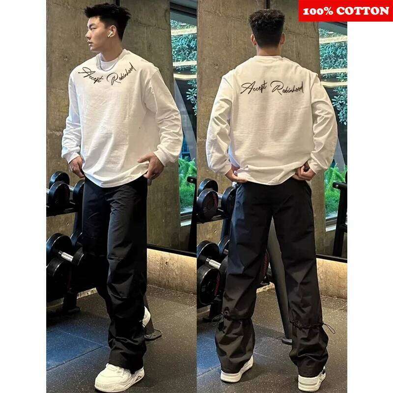 American Long sleeve White T-shirt Autumn 2025 New 100% Cotton Letter Print Gym Workout Shirt Loose Tee Y2k Top Men clothing Z260314