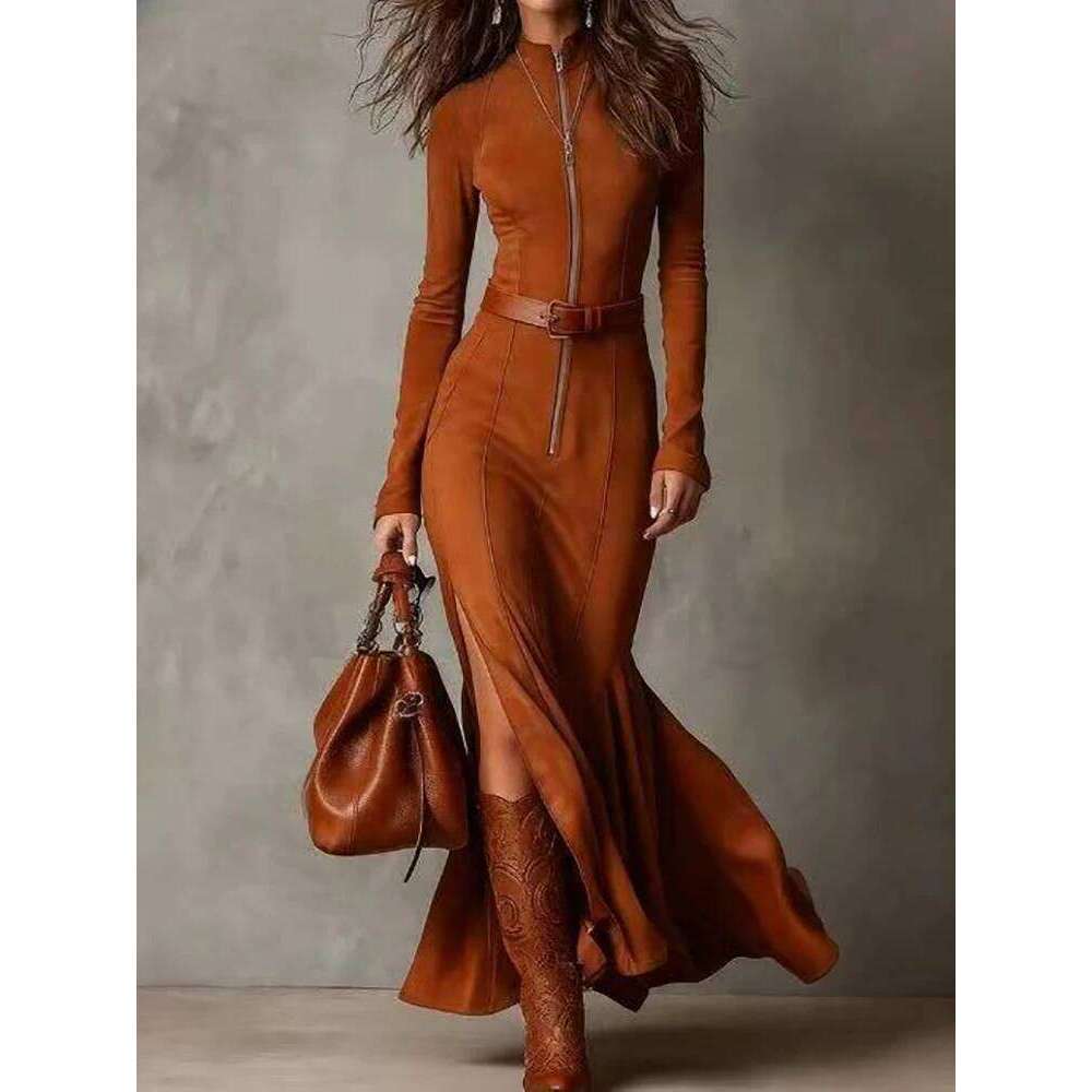 New Elegant Zipper Patchwork Maxi Women Autumn Long Sleeve Fashion Chic Party 2025 Sexy Slim Fit Ladies Lapel Dress Z260314
