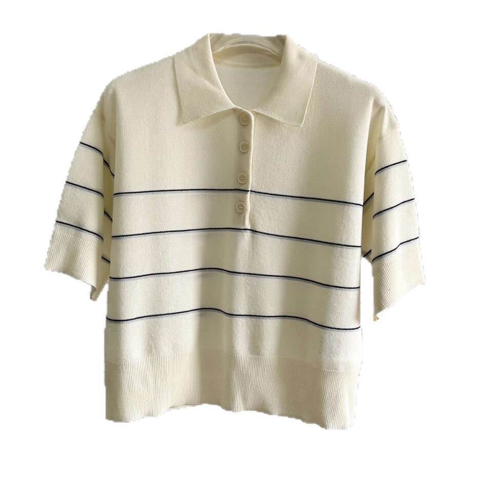 2026 designer high-end elegant women's summer French design striped Polo collar short sleeved knitted top