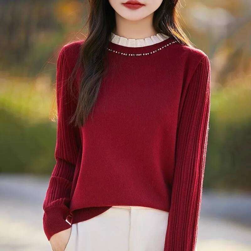 Solid Color Pullover Women's Beaded Loose Fashionable Bottoming Knitted Sweater Autumn and Winter Top Z260313