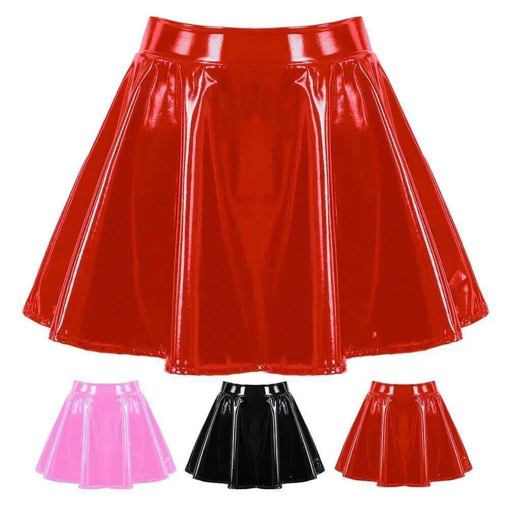 Femal Glossy Short Pleated Skirts Patent Leather Oily Shiny soft Miniskirt Dance A-Line Solid Color Skirt Erotic Clubwear Z260314