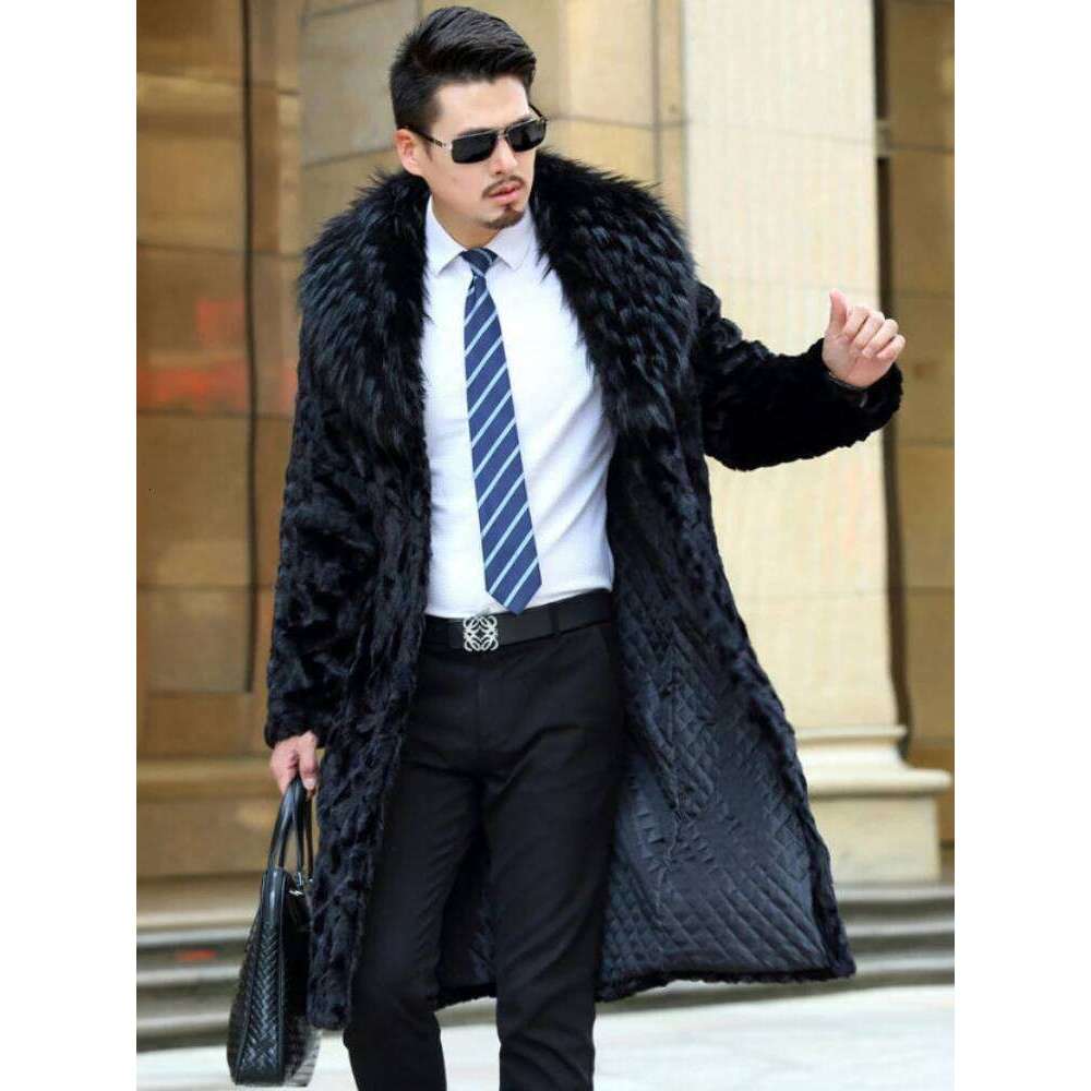Luxury Brand Thick Warm Faux Men Collar Long Sleeve Mid-length Fur Coat Slim Outerwear New Fashionable Z260313