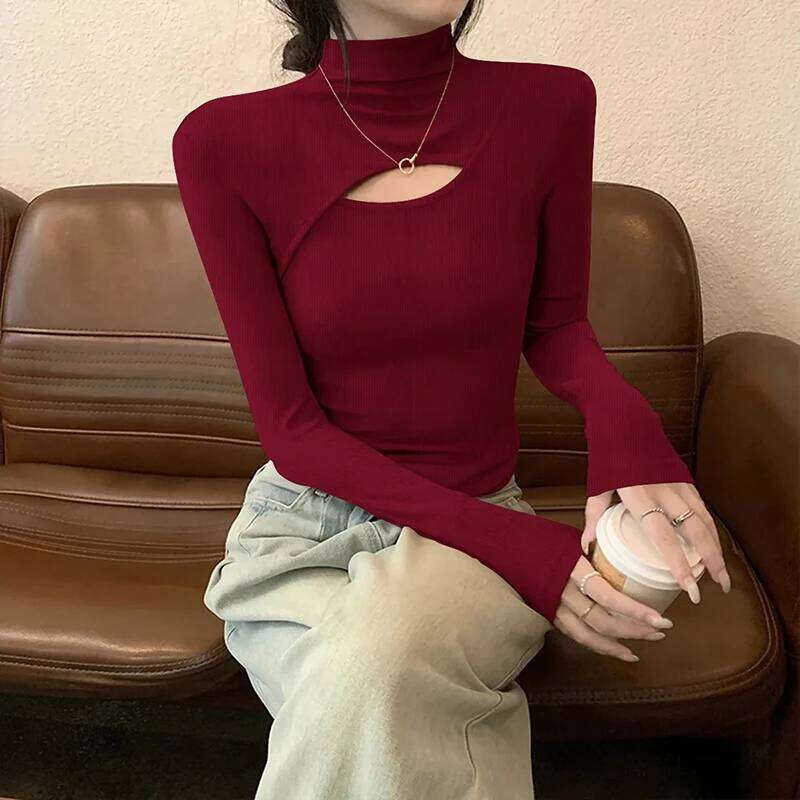 Autumn Half Turtleneck Knit Sweater Women Fashion Sexy Hollow Out Slim Long Sleeve Pullover Korean Solid Simple All Match Jumper Z260313