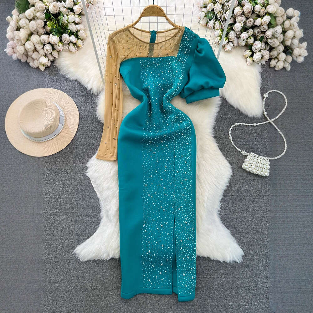 Designer high-end evening gown elegant A14 and exquisite mesh inlaid round neck waist with slit and tight design
