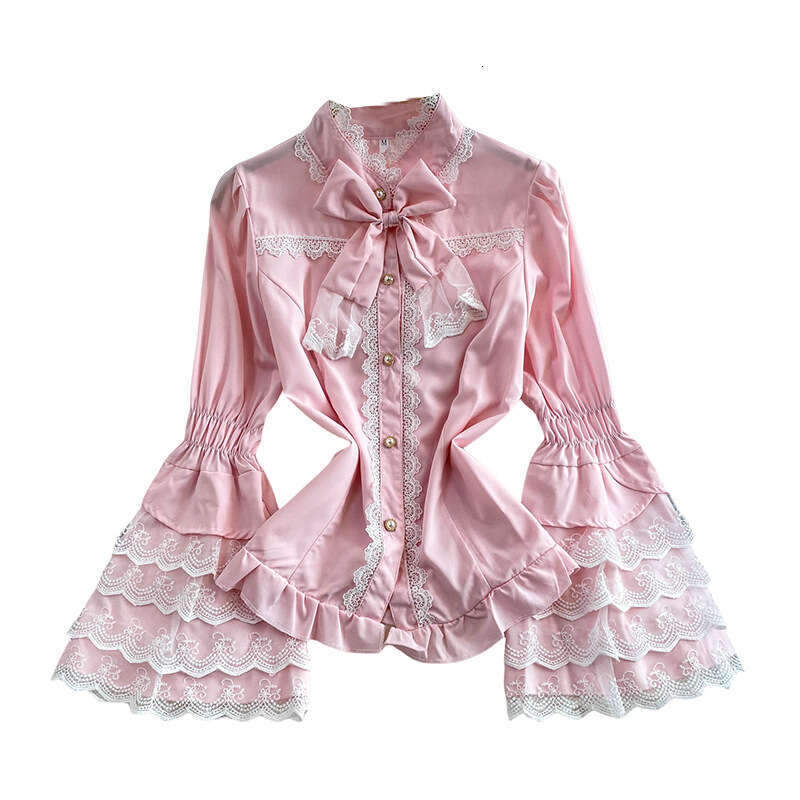 French court retro high-end lace patchwork stand up collar women's shirt with sweet and youthful bow and bell shaped sleeves