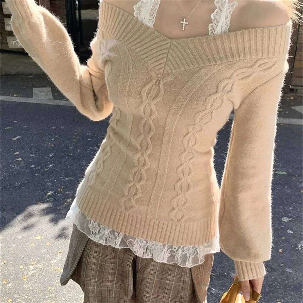 Fashion Vintage V-neck Knitted Tops Women 2025 Early Autumn New Sweaters Pullover Slim Long Sleeve Pullovers Sexy Gray Jumpers Z260313