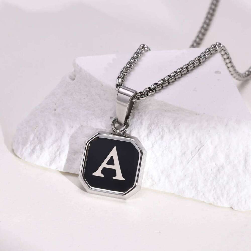 Vnox A-Z Initial Letters Men Necklaces, Geometric Pendant with Box Cuban Rope Chain, Stainless Steel Square Simple Collar H260312