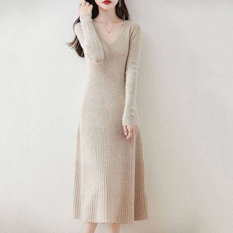 Solid Color Basic Sweater Dresses Women Casual All-Match V-Neck Sleeves Knitted Lady Soft Fit-Flare A-Line Long Dress Z260314