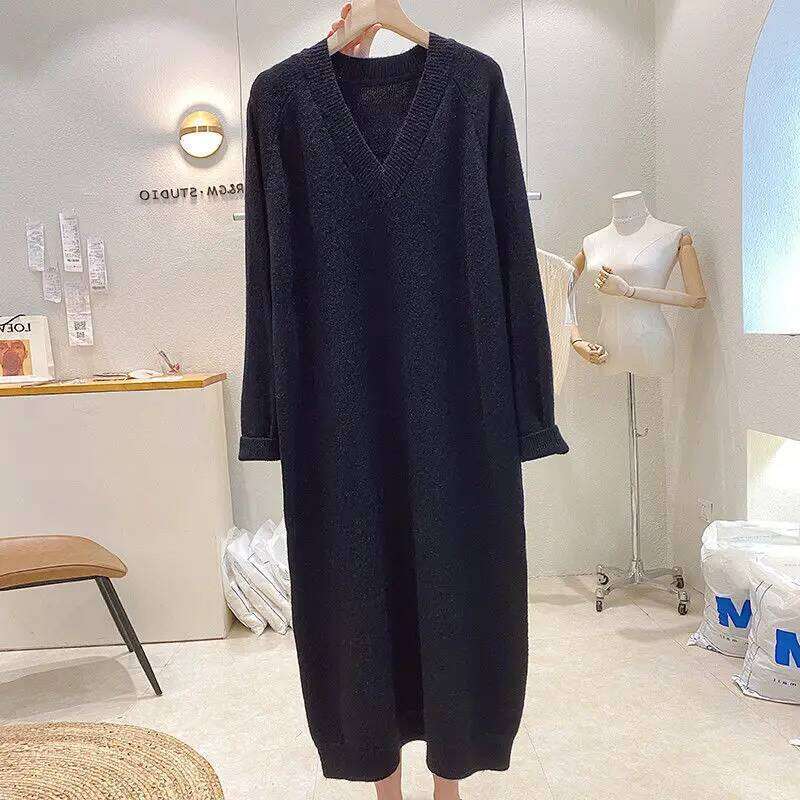 Size 10XL 150kg High Quality Sweater for Women Solid Color V Neck Pullover Thick Autumn and Winter Long Dress Z260314