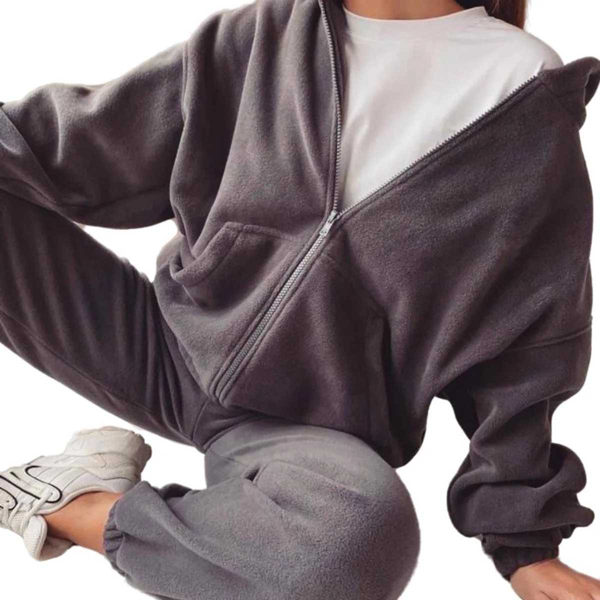 Autumn and winter new fashion sports casual hoodie zipper cardigan top pants set comfortable fleece 2 sets womens pants set M260313