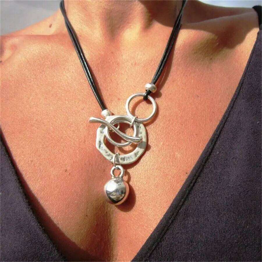 Bohemia Silver Color Geometric Shape Metal Black PU Leather Retro OT Closure Simple Design Round Ball Pendant Necklace H260312