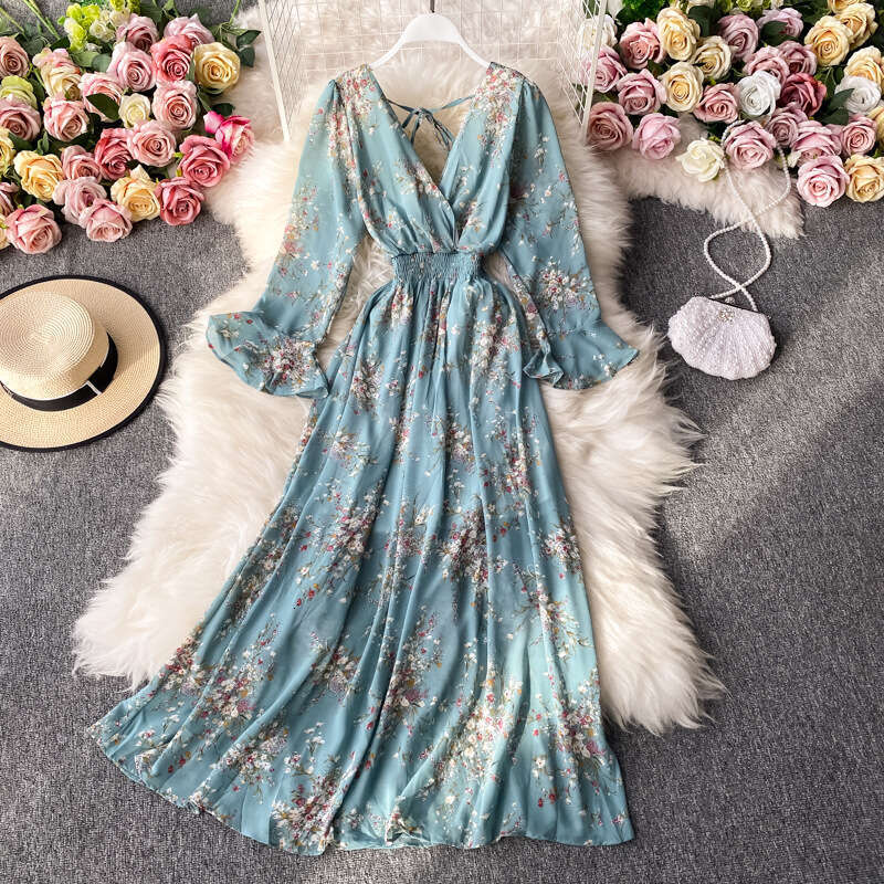 2026 Spring and Autumn V-neck A13 Bell shaped Sleeve High Waist Slimming Floral Skirt Super Fairy Style Waist Slimming Long Dress