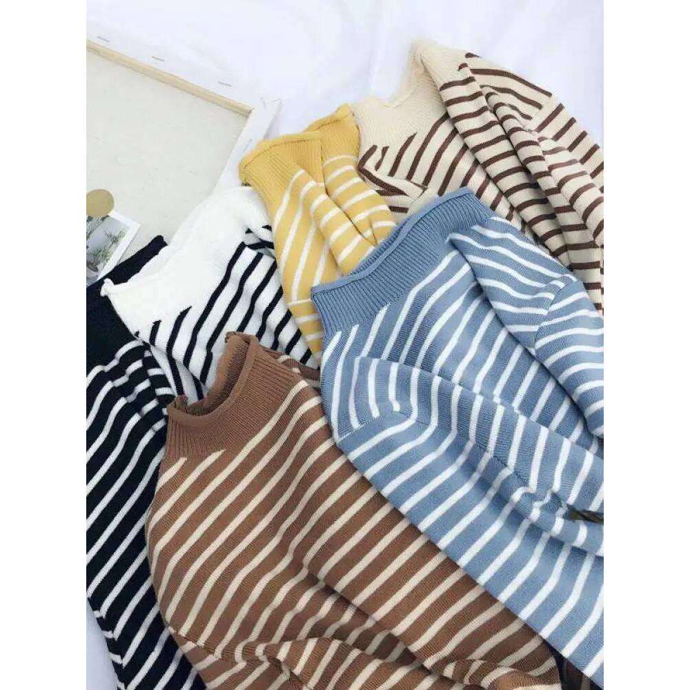 Autumn Winter Women Mock neck Sweaters Pullover Tops Fashion Female Skinny Elastic Long Sleeve Casual Striped Knitted Shirts Z260313