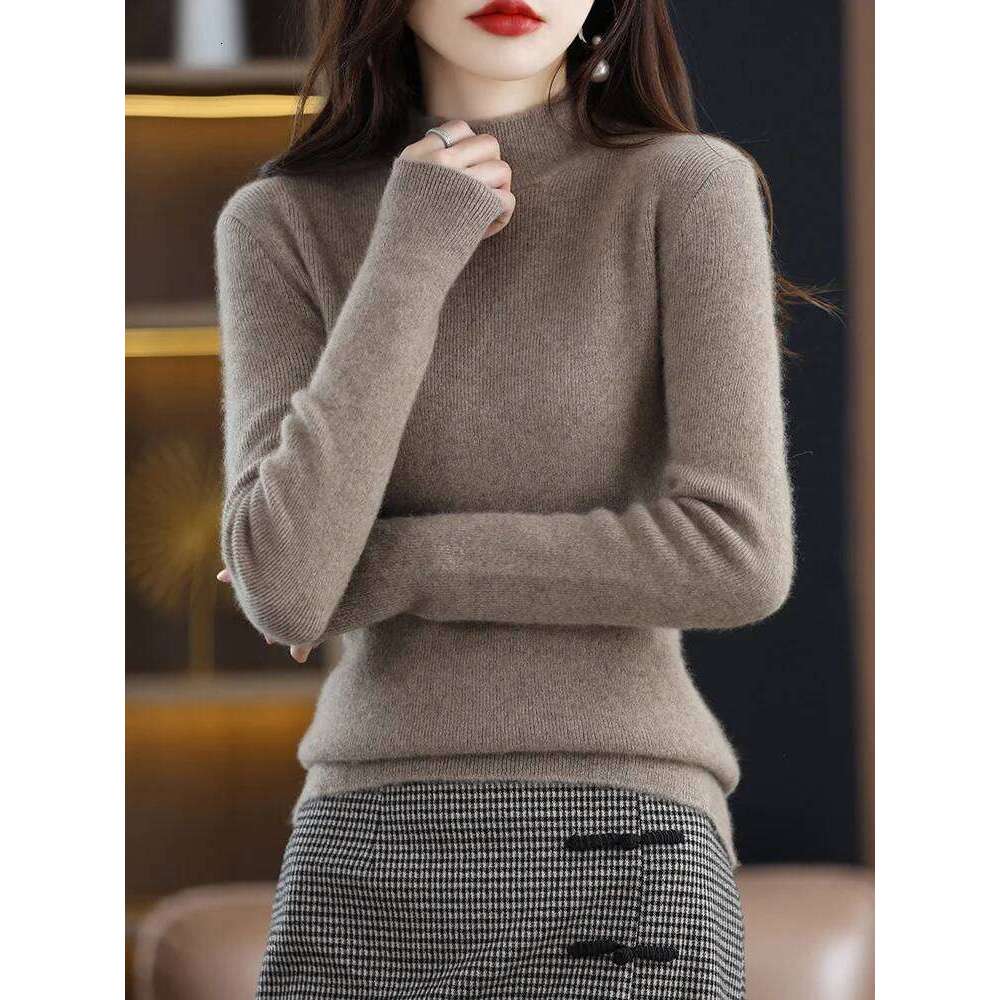 Basic Merino Wool Women Sweater Autumn Winter Korean Mock Collar Slim-Fit Knitted Pullover Long Sleeve Office Lady Clothing Tops Z260313