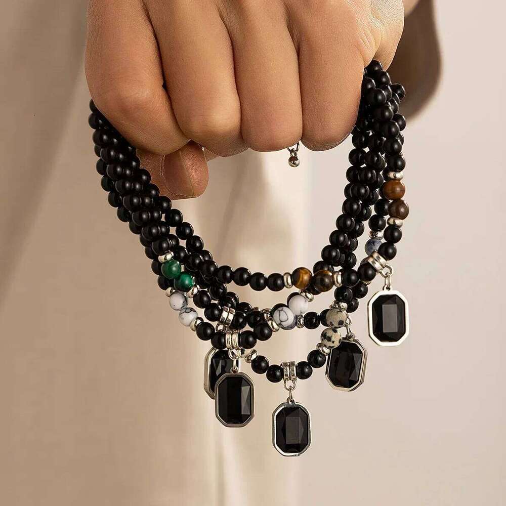 Natural Black Tiger Stone Colorful Beaded Pendant for Men's Trend Hip Hop Niche Collarbone Chain Necklace Paty Jewelry H260312