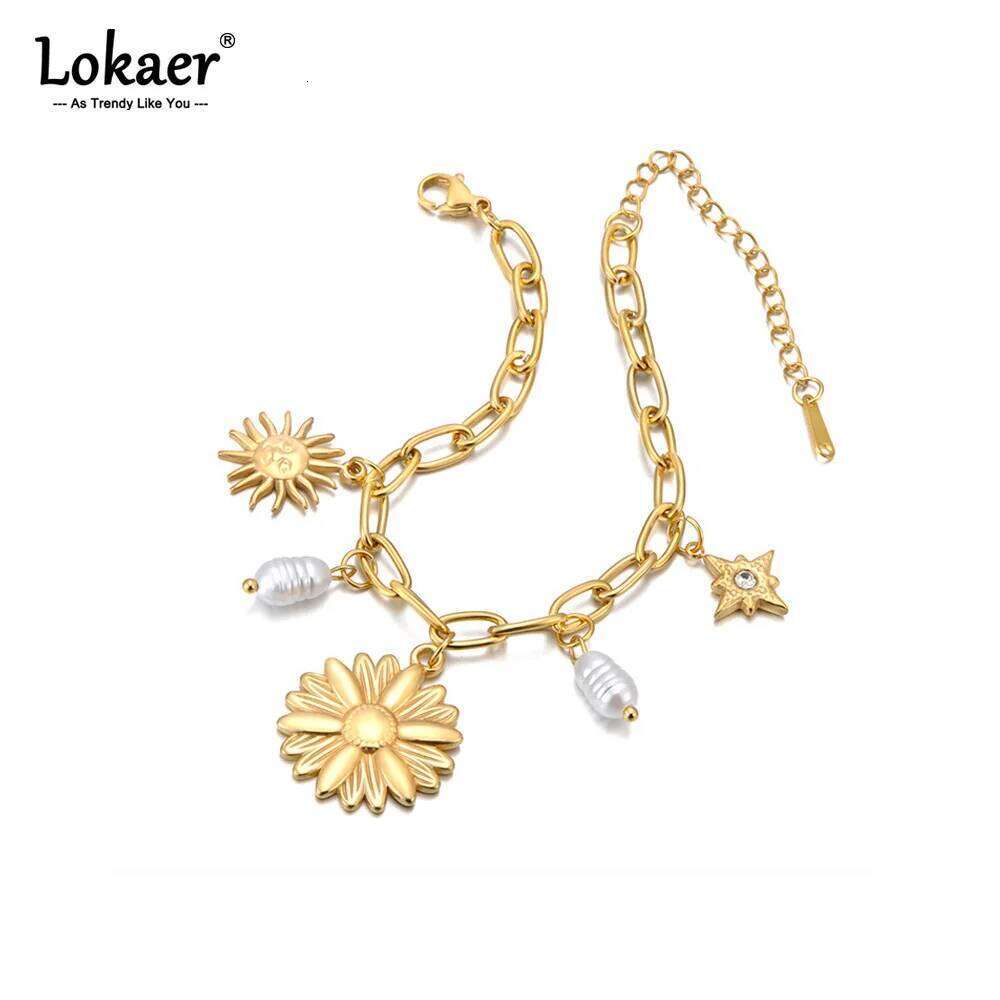 Lokaer Stainless Steel Sun Star Flower Pearl Charm Bracelet for Women Waterproof 18k Gold Plated Wrist Chain Party Gift B25105 Z260313