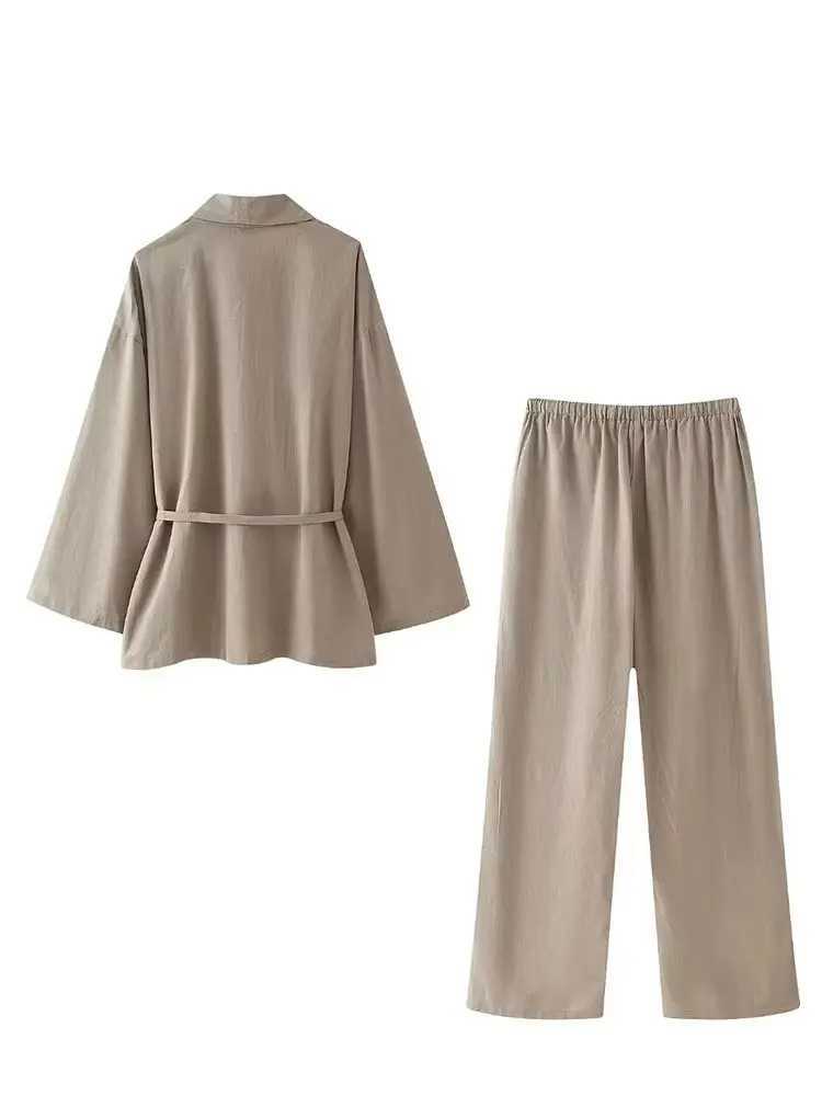 HH Women Loose Wide Leg Pant Set Fashion Lapel V Neck Long Sleeve Thin Blazer Coat With Belt 2024 Summer Ladies Solid Suit M260313