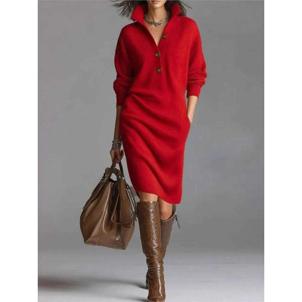 New Autumn Casual Button Loose Straight Knitting Mid-Length Sweater Dresses Women's Fashion Lapel Long Sleeve Pocket Party Dress Z260314