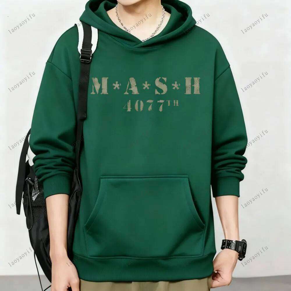 Mash Distressed Logo Hoodie Mens 4077 Licensed Classic TV Show Militarryy Green2025 High Quality Men Sportswear Simple Style Z260314