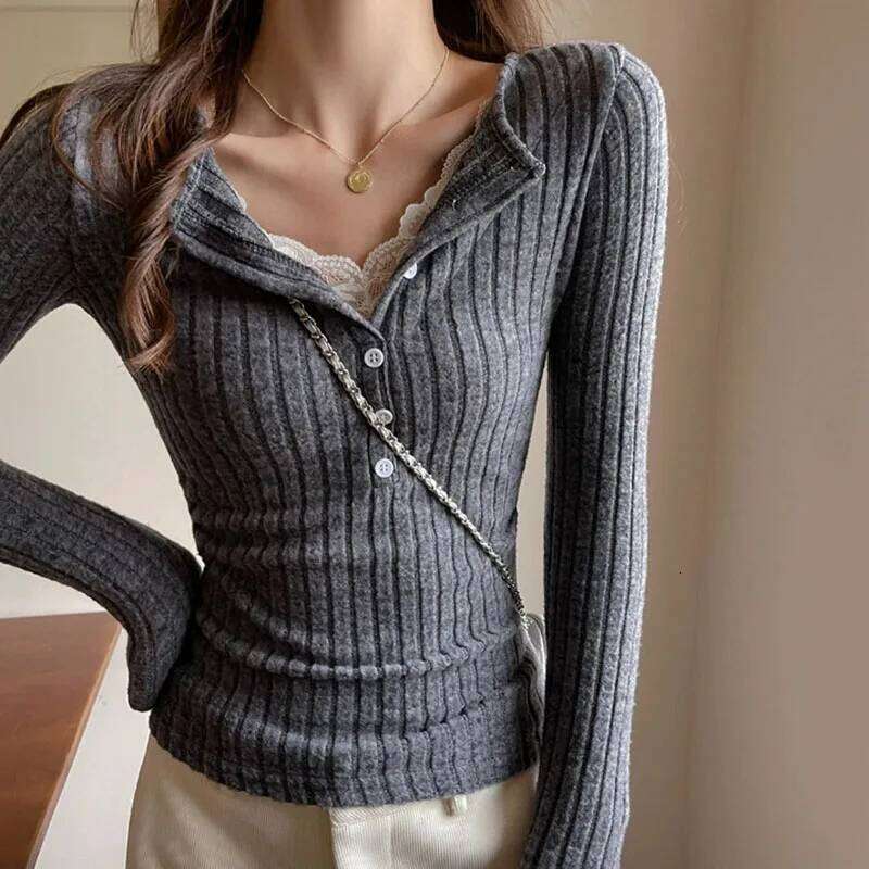 Vintage Y2K Lace Patchwork Sweater Women Korean Design Striped Knitted Jumpers Ladies Fashion Slim Elastic Bottoming Knitwear Z260313