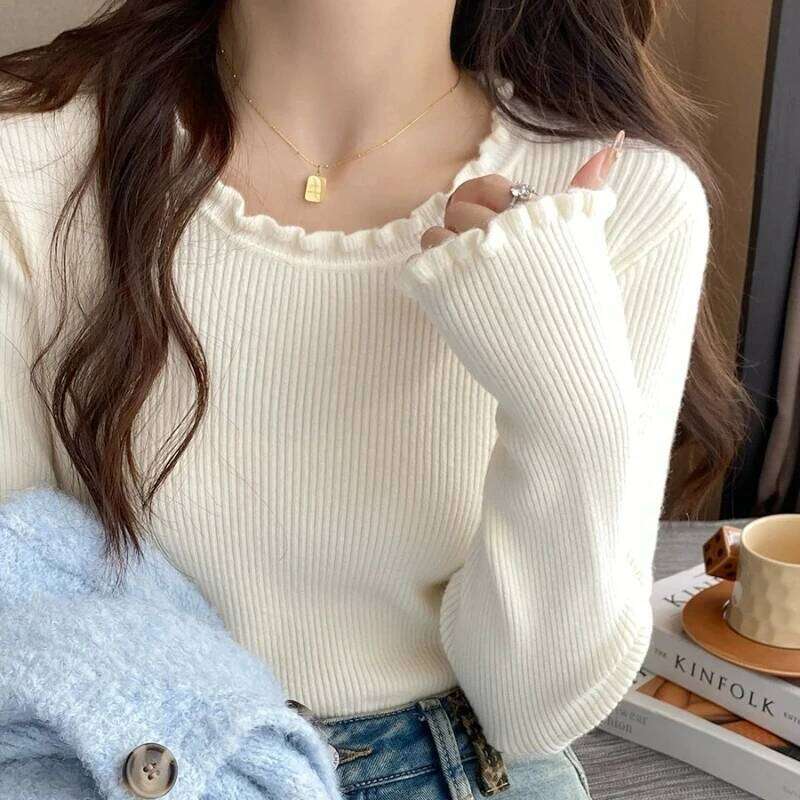 2025 Autumn Winter O-Neck Knitted Pullovers Women Long Sleeve Soft Tops Casual Versatile Ruched Sweater Slim Base Layer Shirt Z260313