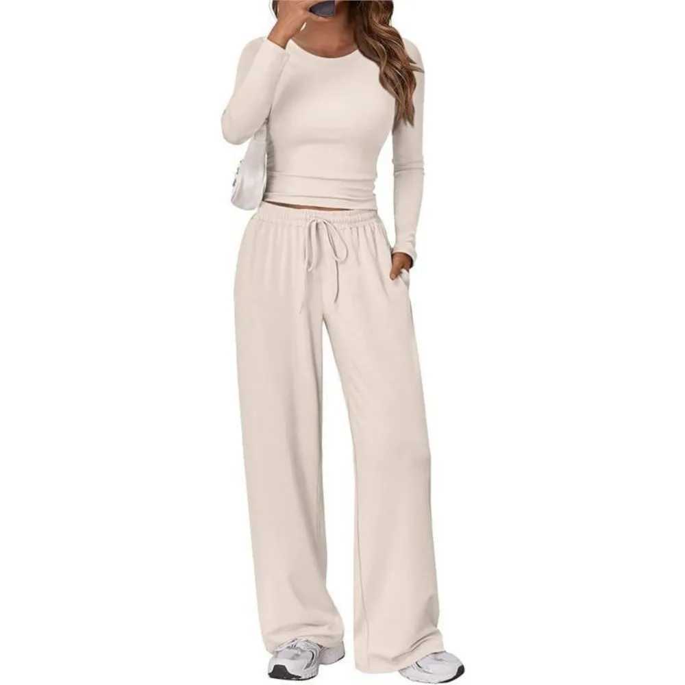 Womens Casual Suit Long Sleeve Wide Leg Pants Woman 2 Piece Set Outfit Slim Long Sleeves Top Solid Color Simple Style Trendy M260313