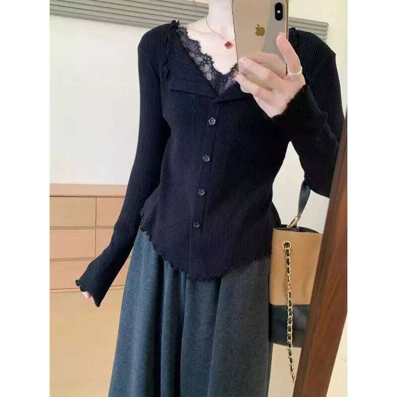 French Lace V-neck Splicing Fungus Edge Long-sleeved Sweater for Women Autumn Winter New Bottoming Shirt Top Cardigan Z260313