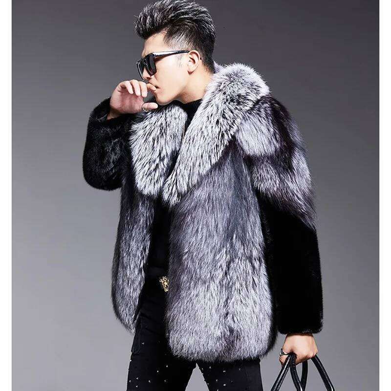Thick Jacket Winter Fox Coats Men Faux Fur Outerwear Turn Down Collar Long Sleeve Cardigan 2025 Spliced High Street Z260313