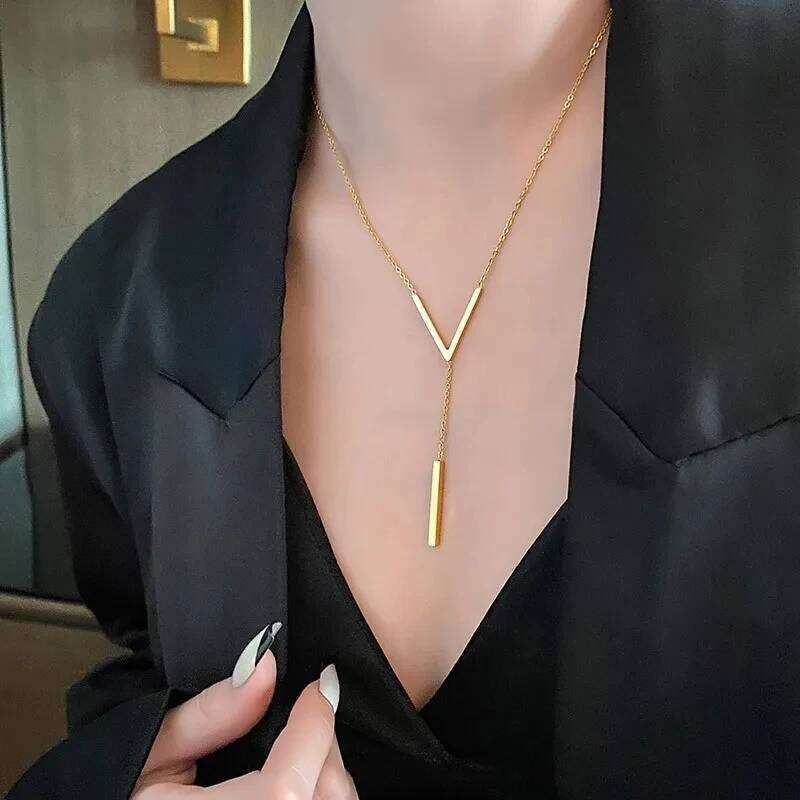 Stainless Steel V Shape Stick Pendant for Women Ladies Dainty Long Chain Necklace Party Jewelry H260312