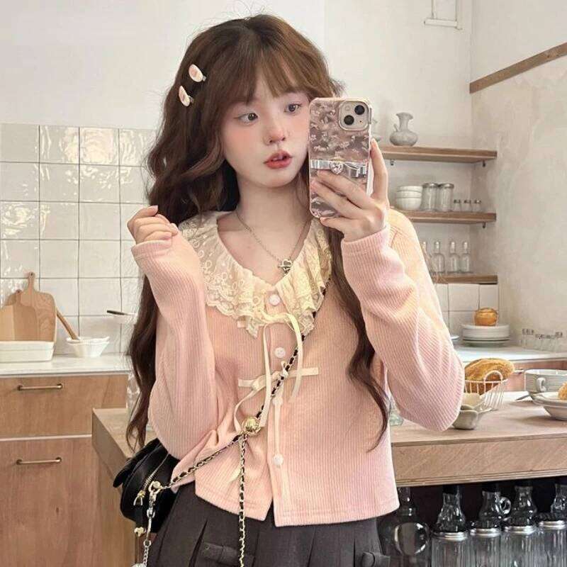Long Sleeve Knitted Cardigans Women Single Breasted Patchwork Sweet Lace Fall Winter Lovely Casual Tops Bow V-neck All-match Ins Z260314