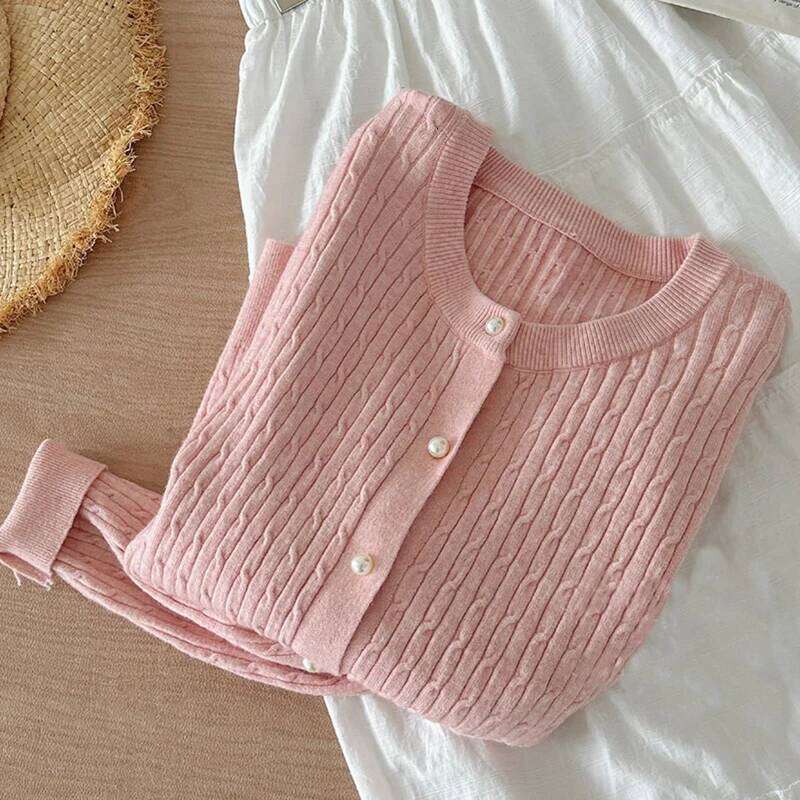 Elegant Long Sleeve Knitwear Tops Women Autumn Winter Single Breasted Sweater O Neck Thick Warm Knitted Cardigan Female Z260313