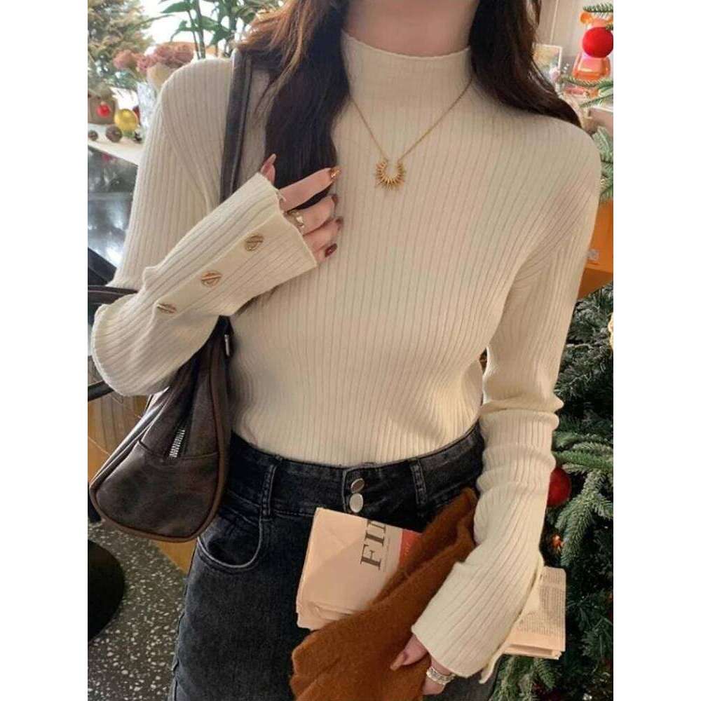 2026 Women Autumn Winter Knitted Slim Sweaters Pullovers Solid Button Full Sleeve Half High Collar Sweater Female Casual Tops Z260314