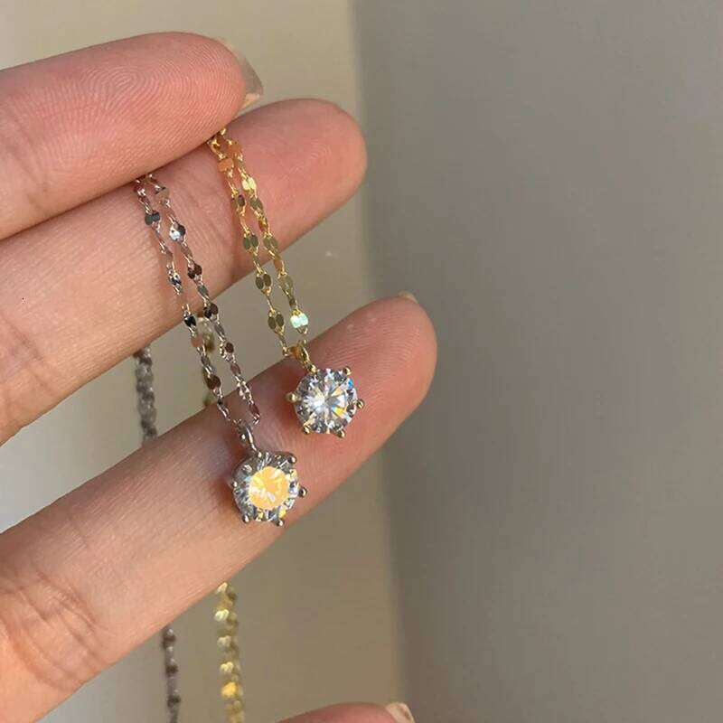 ANENJERY Silver Color Single Necklace for Women Six Claws Zircon Clavicle Chain Wedding Party Jewelry H260312