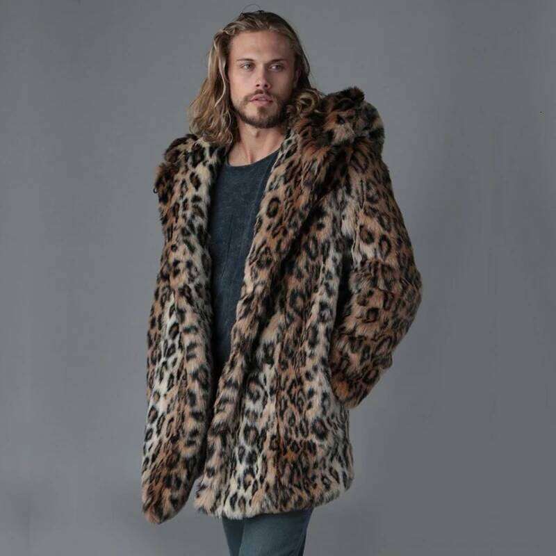 Plus Size Faux For Winter Male Leopard Jacket Long Style Hooded Overcoat Warm Men Fur Outerwear leisure Z260313