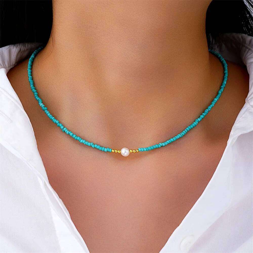 Baroque Turquoise Necklace Bohemian Beaded Choker Elegant Imitation Pearl Beach Necklaces Women'S Vacation Jewelry H260312